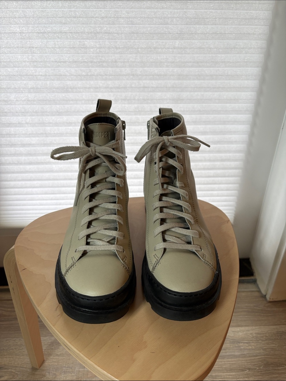 Camper Lace-Up High Top Boots in Light Cream with Black Soles